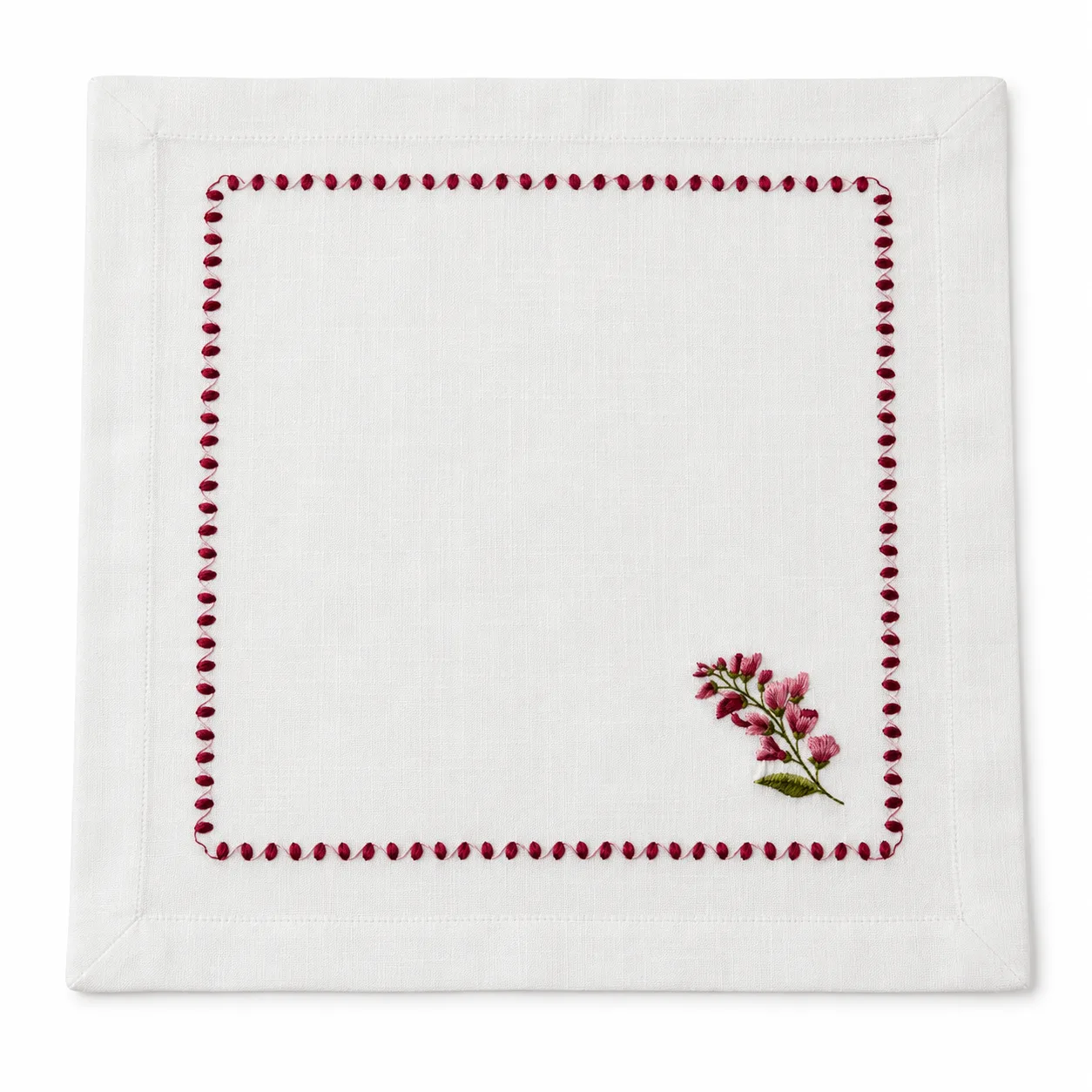 Conjunto 06 Peças Guardanapos Em Poliéster Branco Com Bordado Iris Vermelho 40 x 40cm