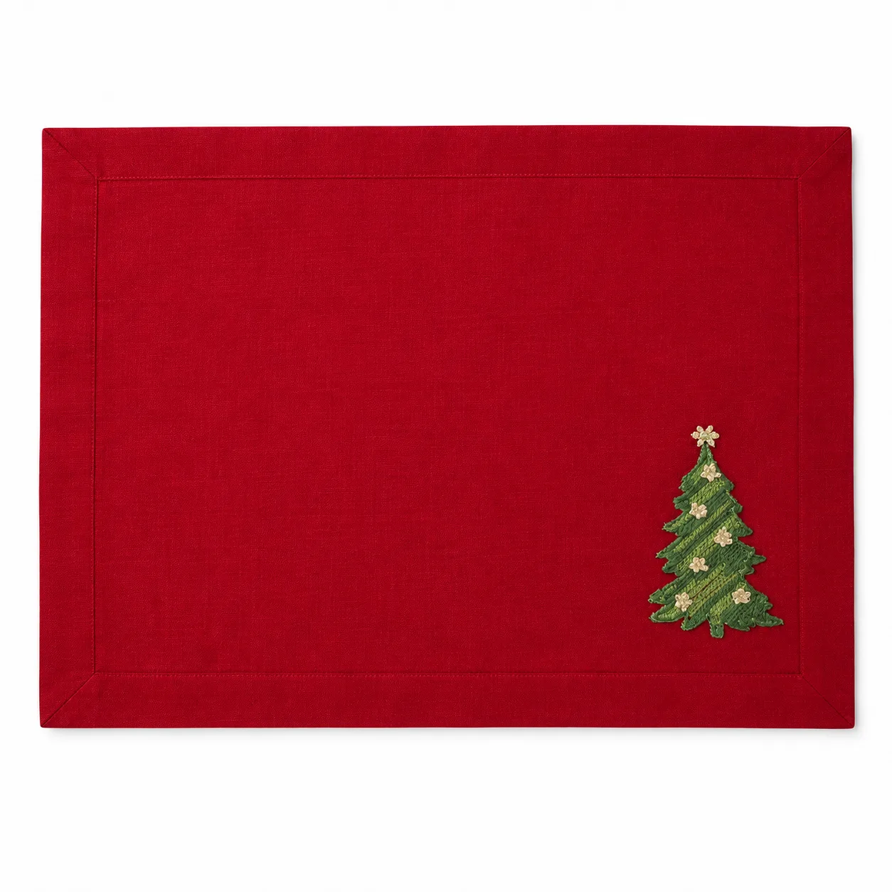 Conjunto 06 Peças Jogo Americano Em Poliéster Vermelho Com Árvore Bordada Verde 45 x 30cm