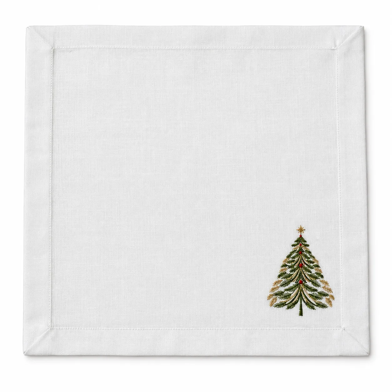 Conjunto 06 Peças Guardanapos Em Poliéster Branco Com Árvore Bordada Verde 40 x40cm