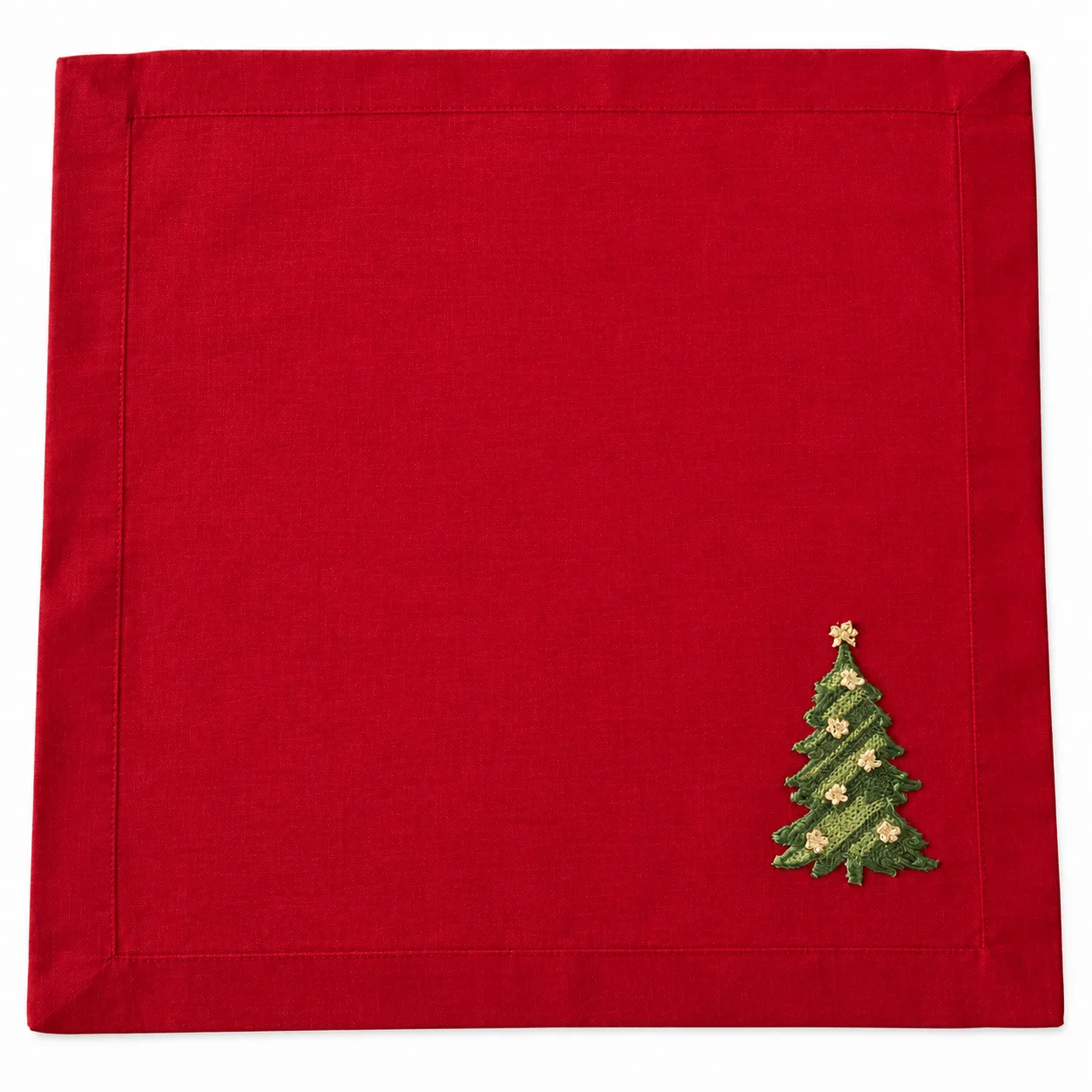 Conjunto 06 Peças Guardanapos Em Poliéster Vermelho Com Árvore Bordada Verde 40 x 40cm